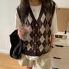 2023 Fashion V-neck Plaid Knitted Vest Women's Loose and Versatile Sleeveless Sweater Tank Top Coat