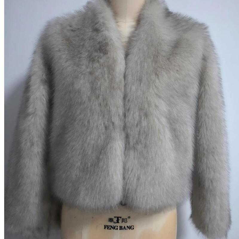 Krótki modny płaszcz z sztucznego futra z dekoltem w serek, lis, puszysty plusz, odzież damska