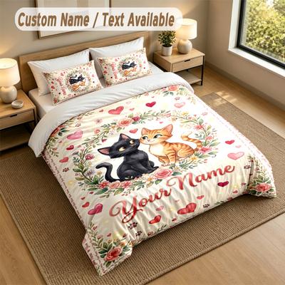 Cat Theme Personalized 3Pcs Bedding Set Custom Text & Name 1 Sheet 2 Pillowcases Household Bedding 1pc