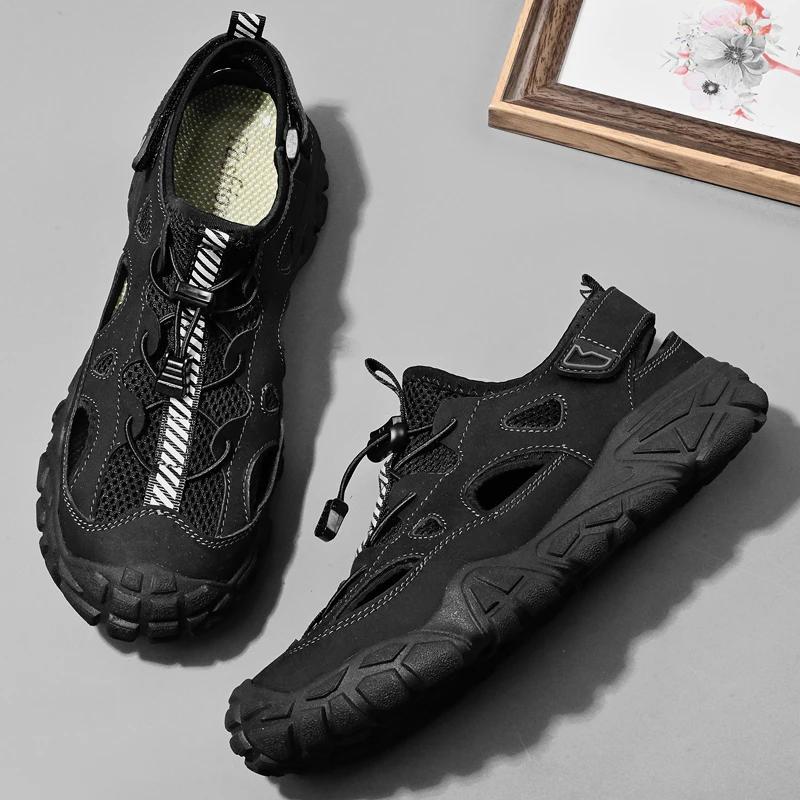 Mesh Men's Sandals Stylish Summer New Outdoor Flats Non-Slip Travel Beach Shoes Daily Walking Shoes Wading Aqua Shoes
