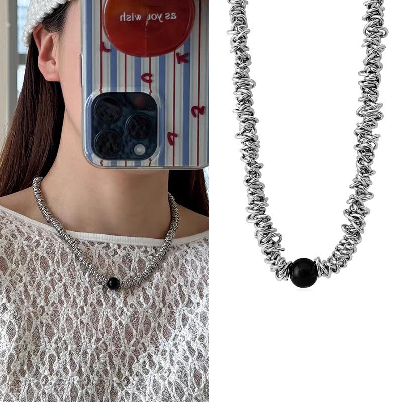 

Silver Black Agate Spliced Necklace & Ring Set for Women - Luxury Niche Accessories