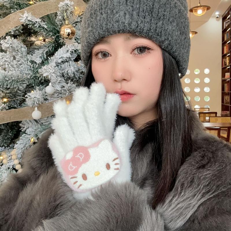 1 Pair Cute Kt Cat Plush Glove Hello Kitty Gloves With Gilrs Cartoon Thickened Warm Christmas Gifts For Students