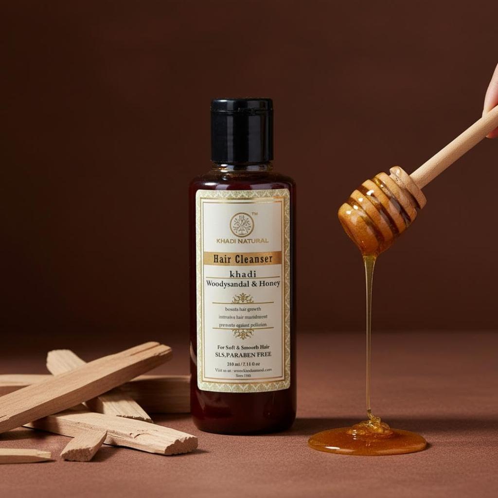 KHADI NATURAL Woody Sandal & Honey Hair Cleanser SLS Paraben Free 210ML Pack Of 1 For Smooth Hair