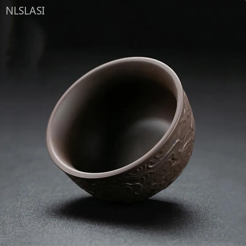 2pcs/80ml Yixing Purple Clay Tea Cup Handmade Relief Tea Cup Set Custom Beauty Master Cup Home Zen Tea Accessories