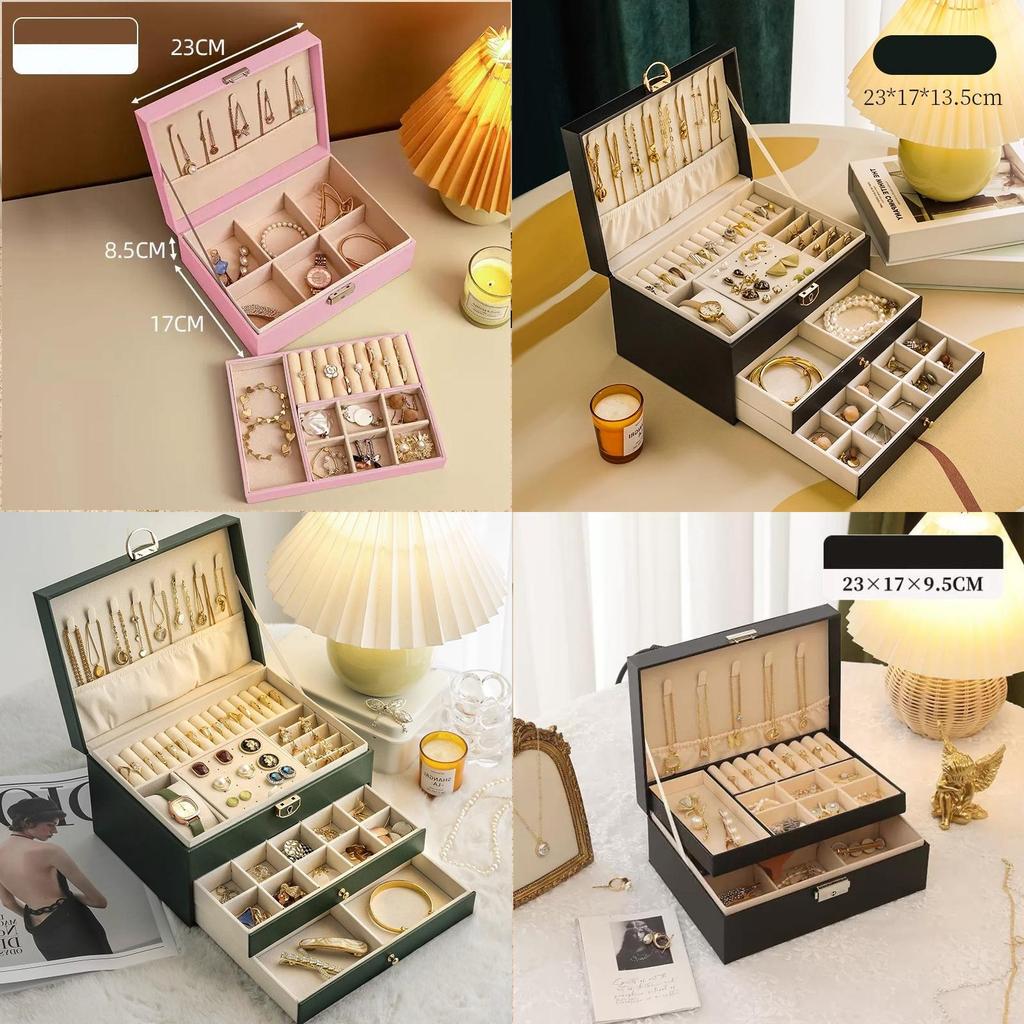 Classic Leather Jewelry Box With Multiple Layers For Elegant Storage Of Earrings Rings And Necklaces