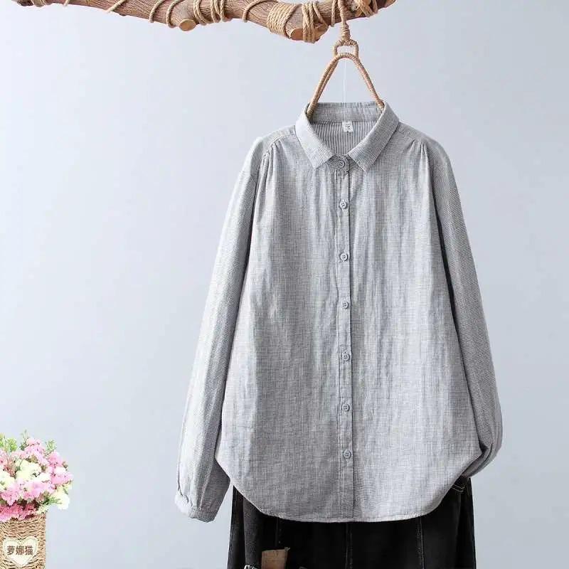 Женская осенне-зимняя серая клетчатая хлопково-льняная рубашка свободного кроя с длинным рукавом S серый