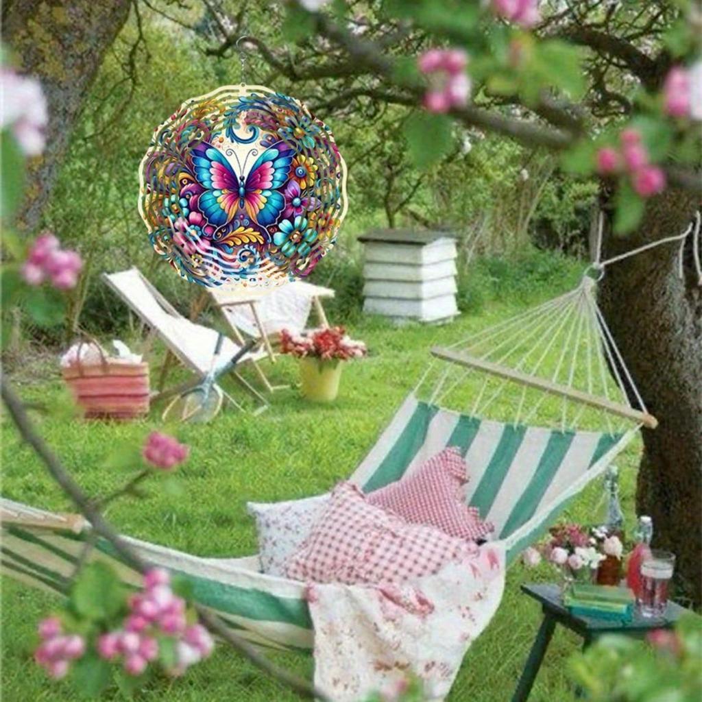 Dynamic Outdoor Wind Chime Decor - Colorful Butterfly & Floral Metal Spinner (High-End Sublimation Craft)