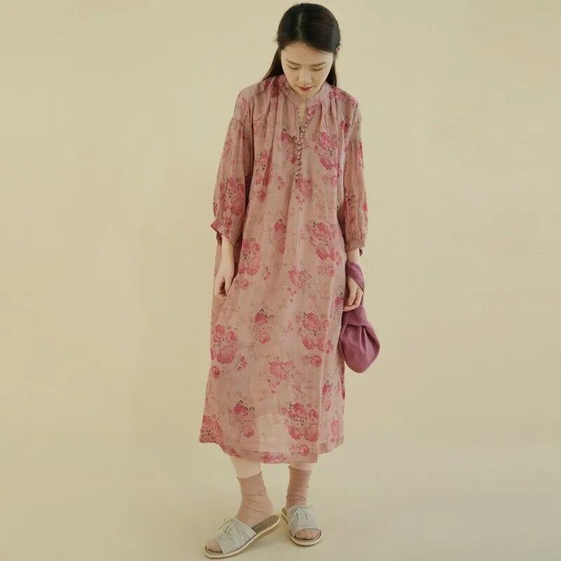 Johnature Women Vintage Ramie Print Floral Dress Seven Sleeve Autumn Robes Loose Button V-Neck A-Line Dresses