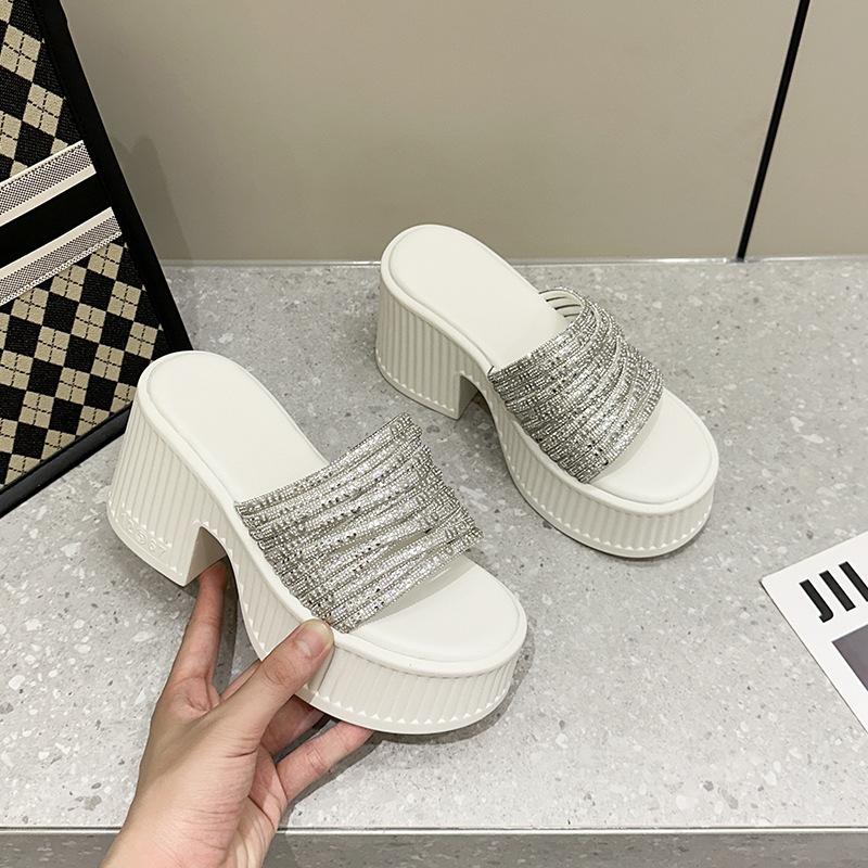 European Station 2025 Summer New Product Slope Heel Thick Bottom Heightened Feminine Rhinestone Surface One-word Slippers Wear Cool Slippers