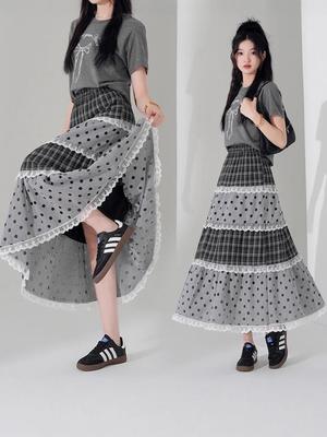 Japanese Polka Dot Lace Midi Skirt: A-Line, Tiered, Sweet, College Style for Women’s Summer Wardrobe