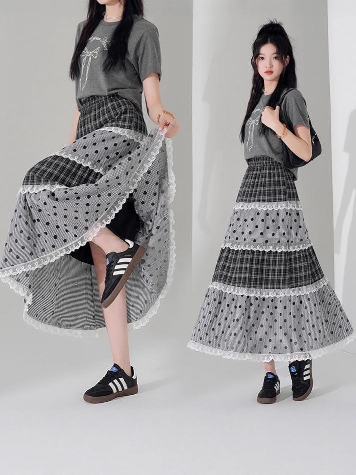 Jupe Midi en Dentelle à Pois Japonais: Ligne A, Étages, Doux, Style Collège pour la Garde-robe d'Été des Femmes