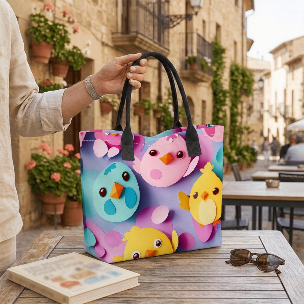 Cute Cartoon Chick Tote Bag Casual Canvas Shopping Handbag for Daily Use