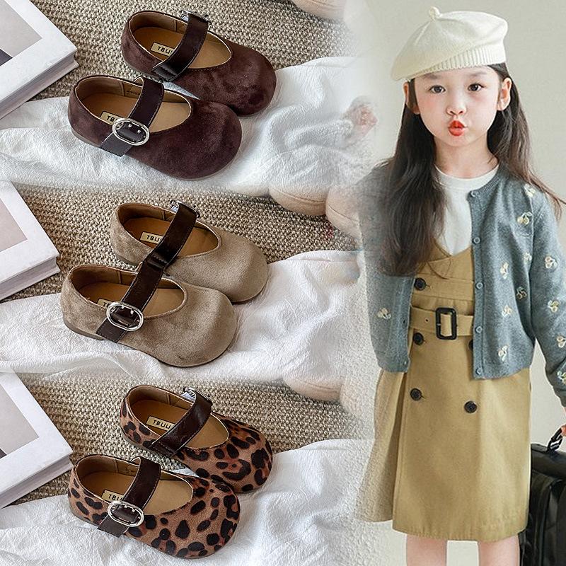Children Flat Shoes Korean Style Leopard Kids Mary Janes Soft Sole Autumn New Girls Leather Shoes Round Toes Elegant Sweet