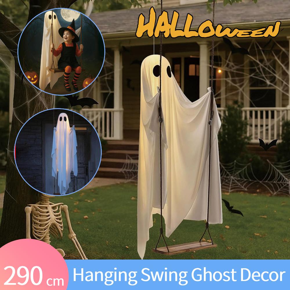 Halloween Hanging Swing Ghost Decor LED Adjustable Ghost Decorations Remote Control Spooky Ghost Ornament for Porch Yard Trees