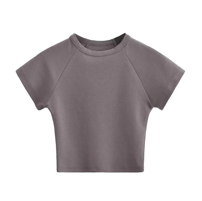 Summer New Women's American Spice Girls Style Solid Color High Waist Short-sleeved T-shirt Crew Neck Shoulder Top Short Bottoming Shirt
