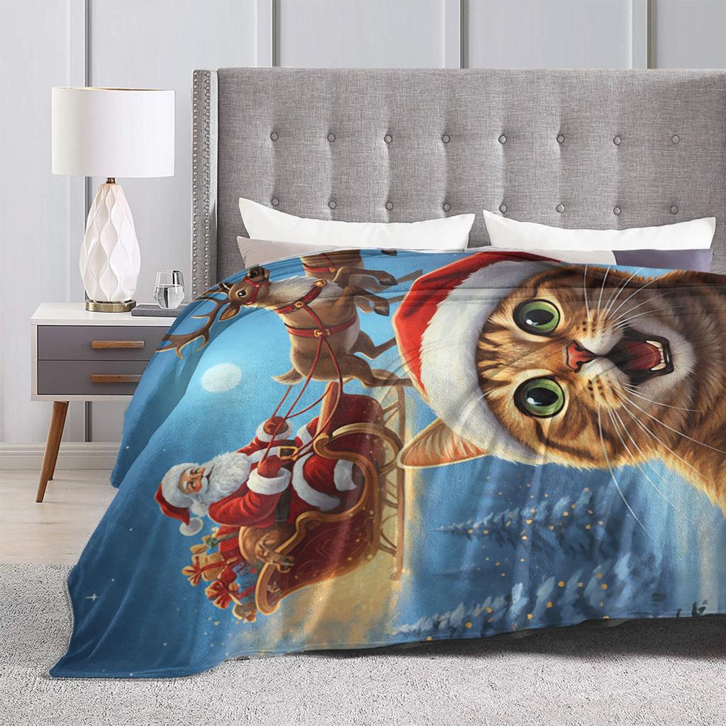 Cat Selfie with Santa Blanket  Warm Comfortable Plush Throw Blanket For Kids Adult Living Room Flannel Bedspread Bed Cover
