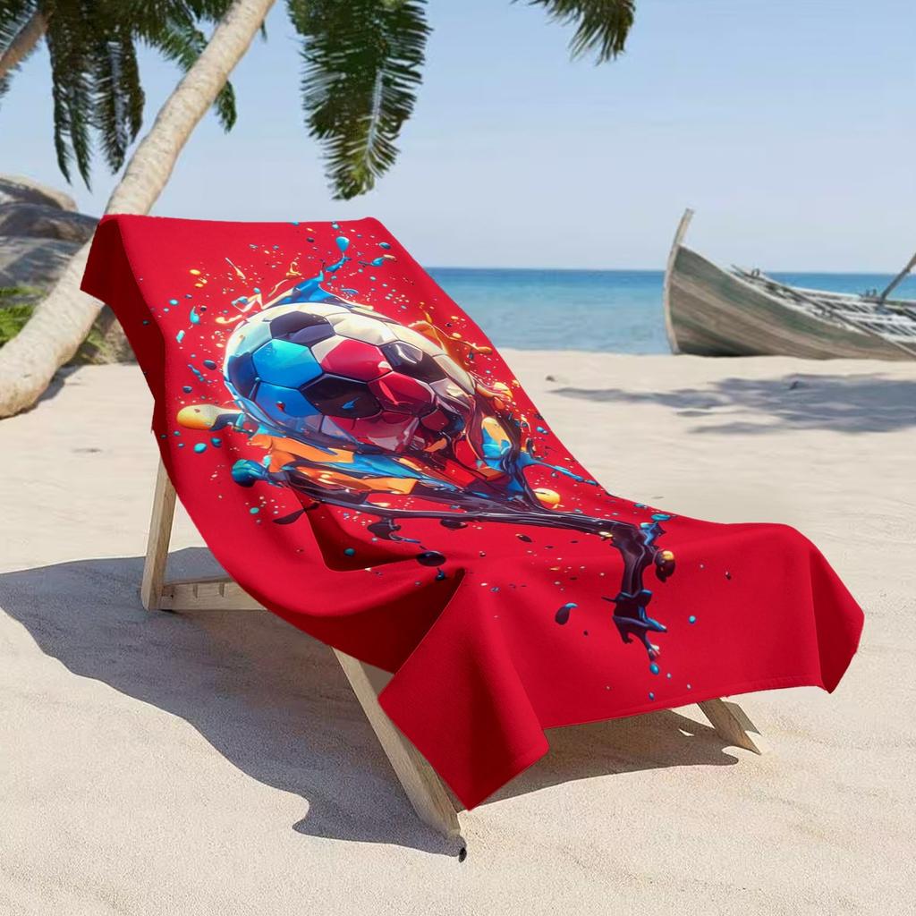 Dynamic Sports Beach Towel, Red Background Paint Splash Soccer Ball Print Bath Towel, Stylish Soccer Fan Beach Blanket