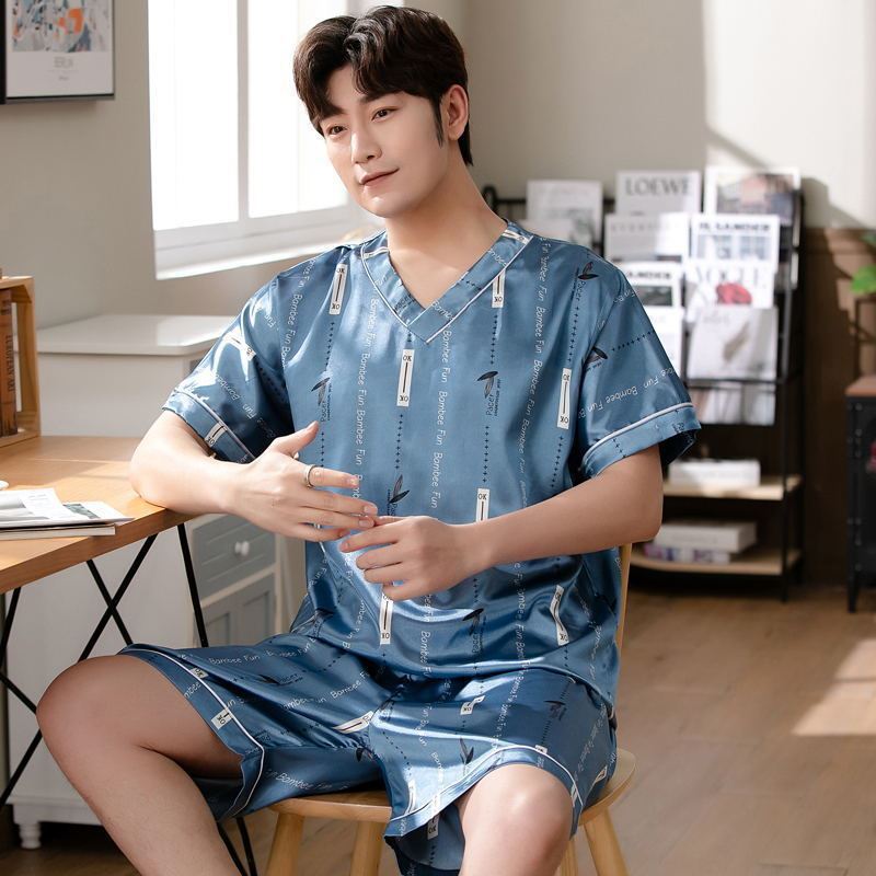 

Мужская домашняя одежда Ice Silk шорты с короткими рукавами студенческие пижамы корейской версии с буквами свободные с короткими рукавами XL синий