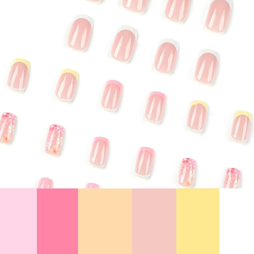 French Simple Floral Rectangular Wearable Nails - European & American Style Nail Art Tips