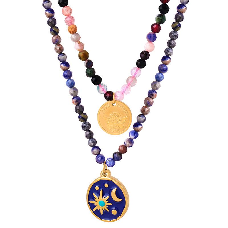 European-American Niche: Blue Spirit Grey Natural Stone Handmade Necklace with Starry Sky Glaze Angel Pendant in Gold-Plated Titanium Steel.