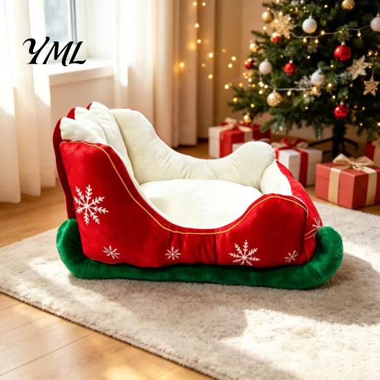 Portable Pet Sleigh Bed Christmas Shaped Bed, Cozy Holiday Cat Dog Sofa Anti?Slip Base Stable Lounge Soft Cushion, Washable Sleeping for Small
