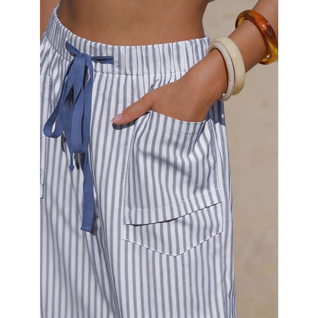 Damen Shorts aus Imitation Leinen mit Streifen, Lässige Sommer-Strandshorts mit Gürtel und Taschen