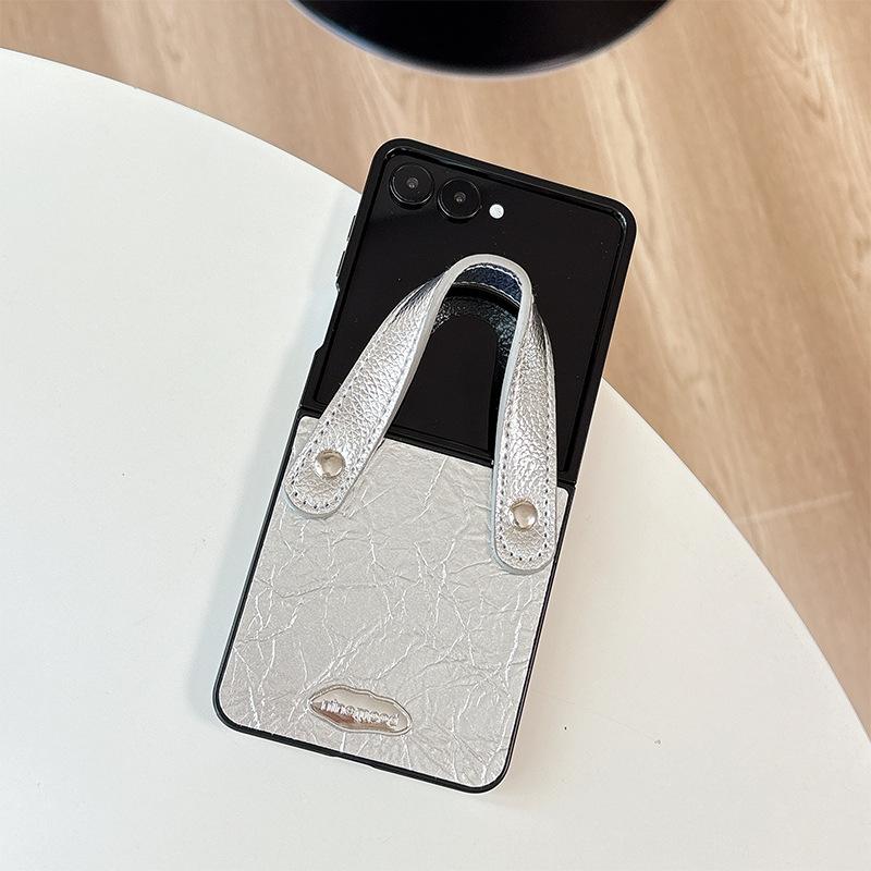 Solid Color Textured Leather Phone Case For Samsung Zflip6 Clamshell Fold7 Portable Wristband Pocket2 Women