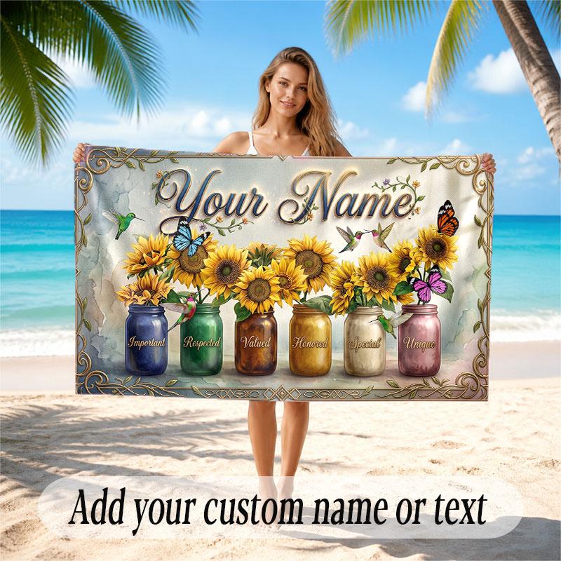 Floral Garden Theme Soft Beach Towel Personalized Custom Name Text Towel Portable for Beach Pool Travel