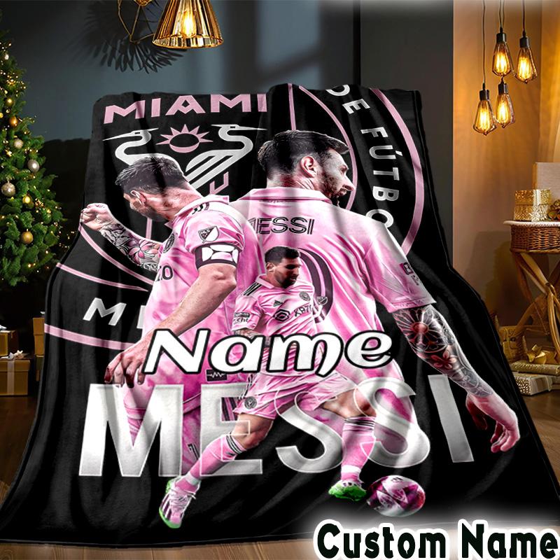 Custom Name Lionel Messi Poster Art Throws Blanket Flannel Blankets for Couch Bed Gifts for Men Women Picnic Blanket Christmas Fan Gifts
