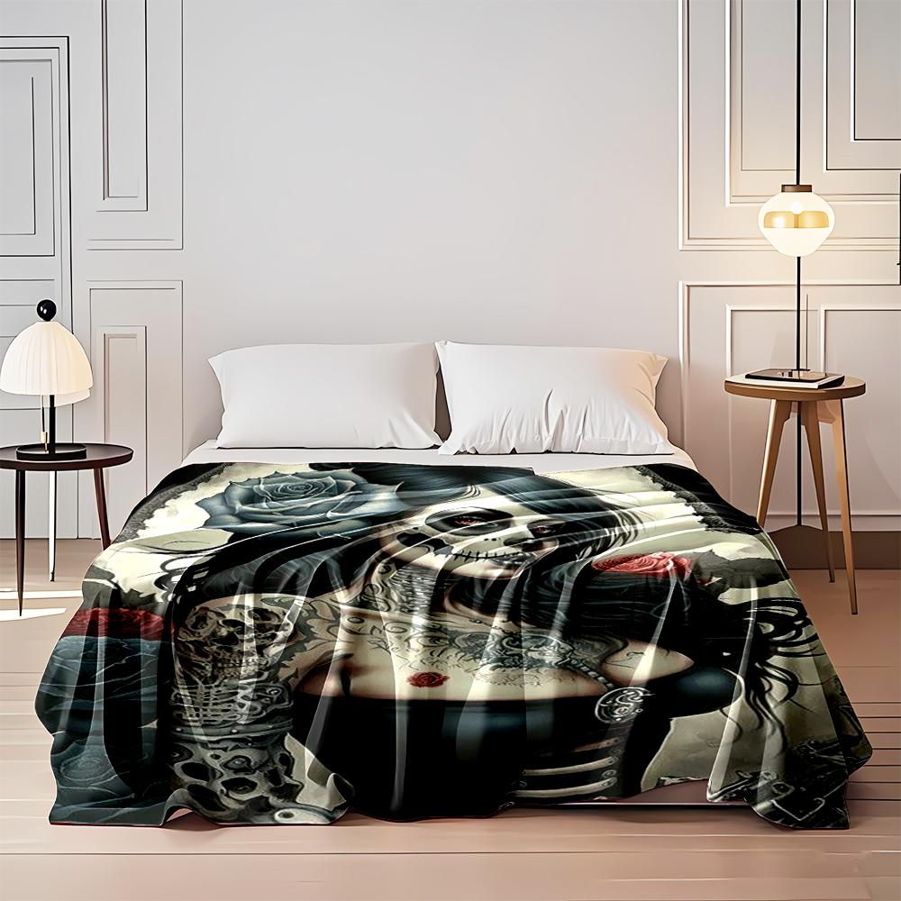 Gothic Skull Girl with Flowers Art Blanket, Flannel blanket for bedroom, living room, sofa, and nap sofas.