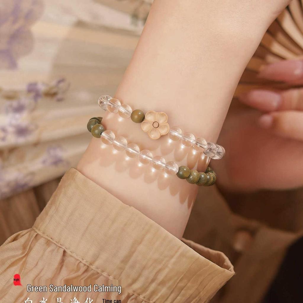 Chinese Green Sandalwood Peach Blossom Rosary: Love-Attracting Retro Buddhist Beads Jewelry