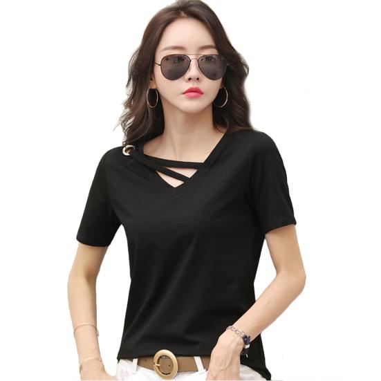 Damen T-Shirt mit V-Ausschnitt, kurzärmelig, einfarbig, lockere Sommerbluse