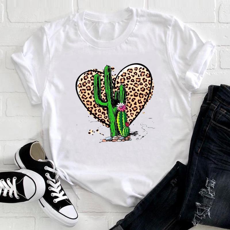 (European Size) Cute Sweet Tee Top Fashion T Leopard Love Heart Trend Shirt Women Print Lady Female  Clothing Casual Short Sleeve Graphic T-shirt