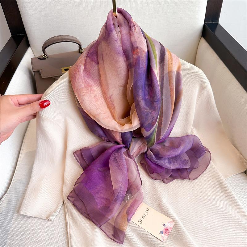 New Gradual Change Simulation Silk Scarf Purple High-end Soft Yarn Scarf Commuting Large Size Temperament Shawl Silk Scarf Fashion