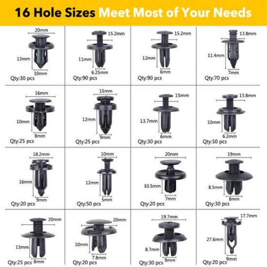 625PCS Trim Panel Clip Bumper Fender Push Pin Engine Rivet Black Car Accessories