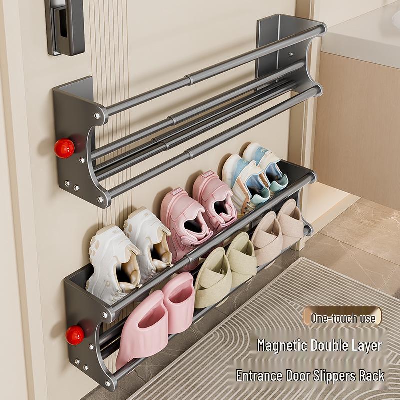 Retractable Magnetic Double-Layer Shoe Rack - Instant Suction, No Installation Needed, Ideal Entryway Organizer, New Model.