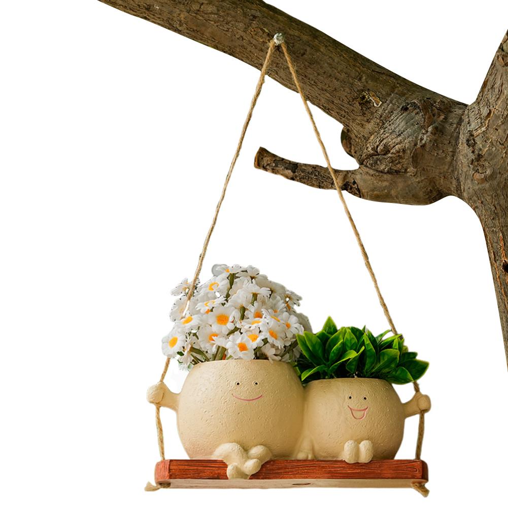Cute Smiley Face Hanging Planter Resin Smiley Face Couple Planter Pot Creative Hanging Flower Pot For Indoor Outdoor Plants