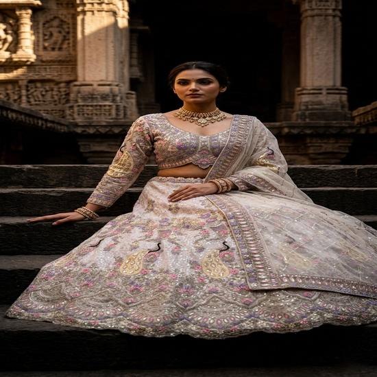 Luxury White Embroidered Bridal Lehenga Choli Set with Peacock Design, Sequins Work & Matching Dupatta for Wedding Party Wear FREE SIZE грязнобелый
