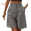 Pantaloncini da donna estivi Elastico a vita alta Tasche laterali larghe Dritto sopra il ginocchio Pantaloncini da ufficio casual da lavoro quotidiani traspiranti in tinta unita morbido