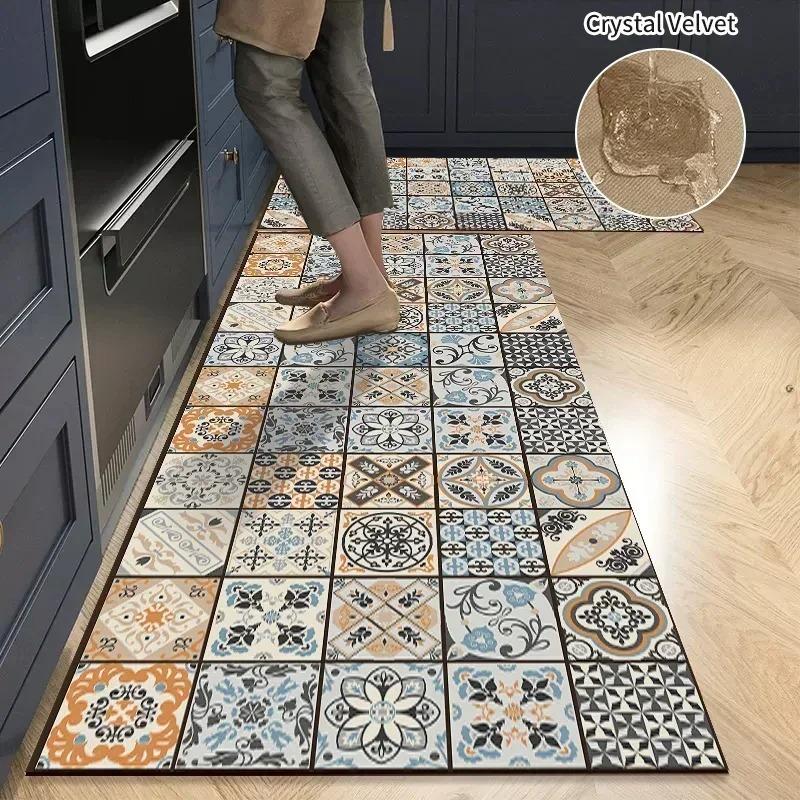 Non-slip PVC Kitchen Floor Mat Waterproof Oil-proof Leather Rug American Retro Home Decoration Long Foot Mats