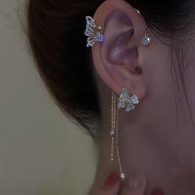Luxury Zircon Fairy Flower Korean Style Ear Clip Girls Earring Ear Bone Clip Butterfly Ear Hook