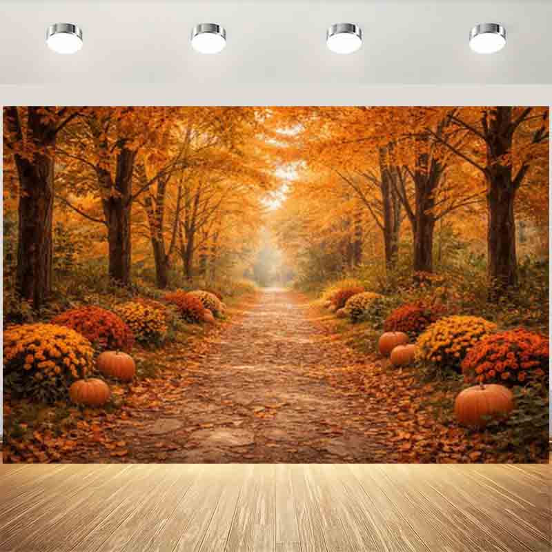 Autumn Forest Path Pumpkin Photography Backdrop Fall Maple Leaves Thanksgiving Harvest Season Outdoor Portrait Photo Bac