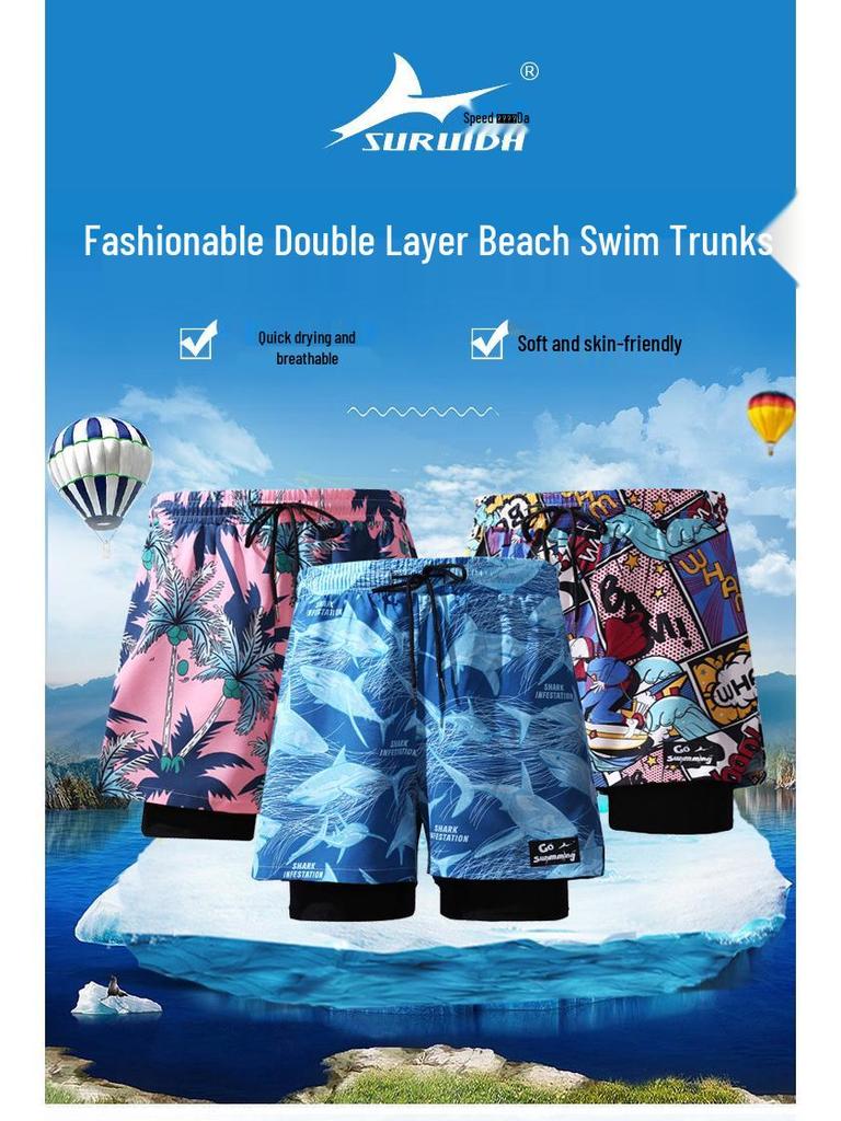 SUREDA Șort de baie cu uscare rapidă anti-jenă - Costum de baie unisex mărime plus cu picior pătrat pentru plajă și izvoare termale