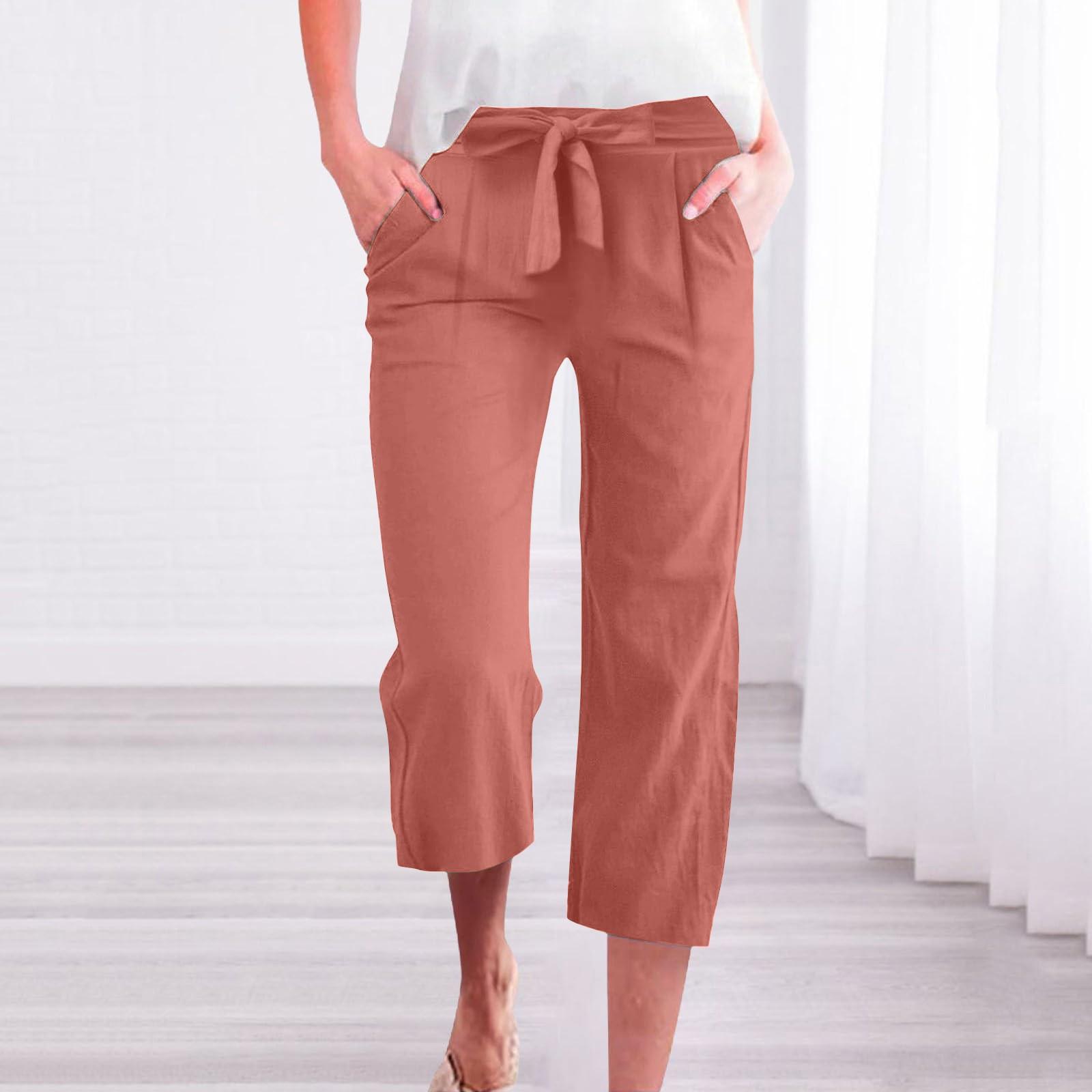 

Брюки для женщин, повседневные летние однотонные эластичные брюки с высокой талией из хлопка и льна, свободные брюки с карманами и завязками до середины штанин XXL киноварь