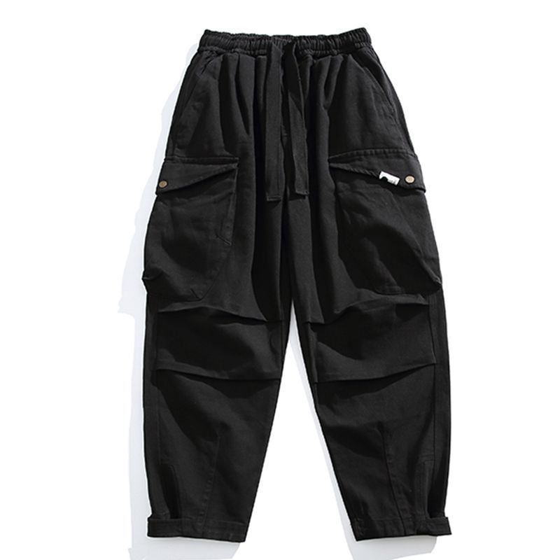 Autumn and Winter Thickened Twill Washed Pure Cotton Elastic Waist Casual Pants Men s Japanese Retro Distressed Multi-Pocket Cargo Pants Black 3XL
