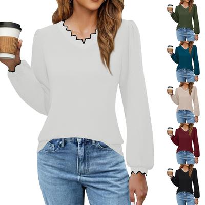 Women's Fashion Casual V-neck Solid Color Loose Long Sleeve T-shirt Top