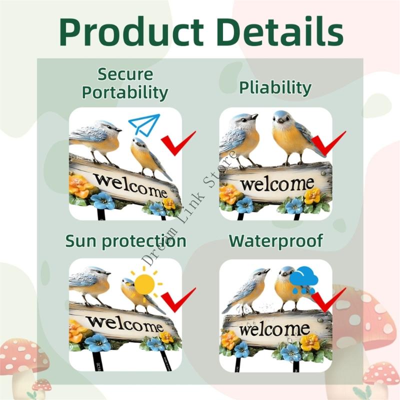 Q1FD Charm Avian Theme Welcome Plaque Ground Stake Decorative Garden Stake PVC Yard Stake For Year Round Display