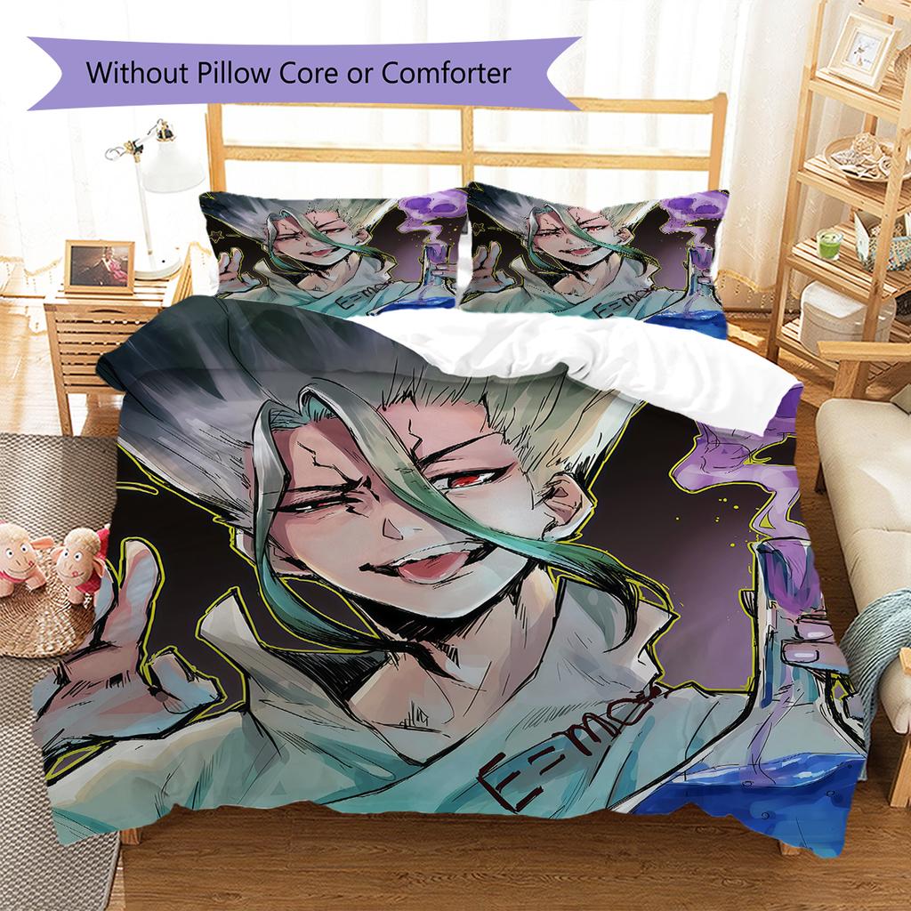 Dr STONE Pattern Bedding,Quilt Set Quilt Cover Pillowcase Home Birthday Gift (1 * Duvet Cover + 2 * Pillowcase, Without Core)