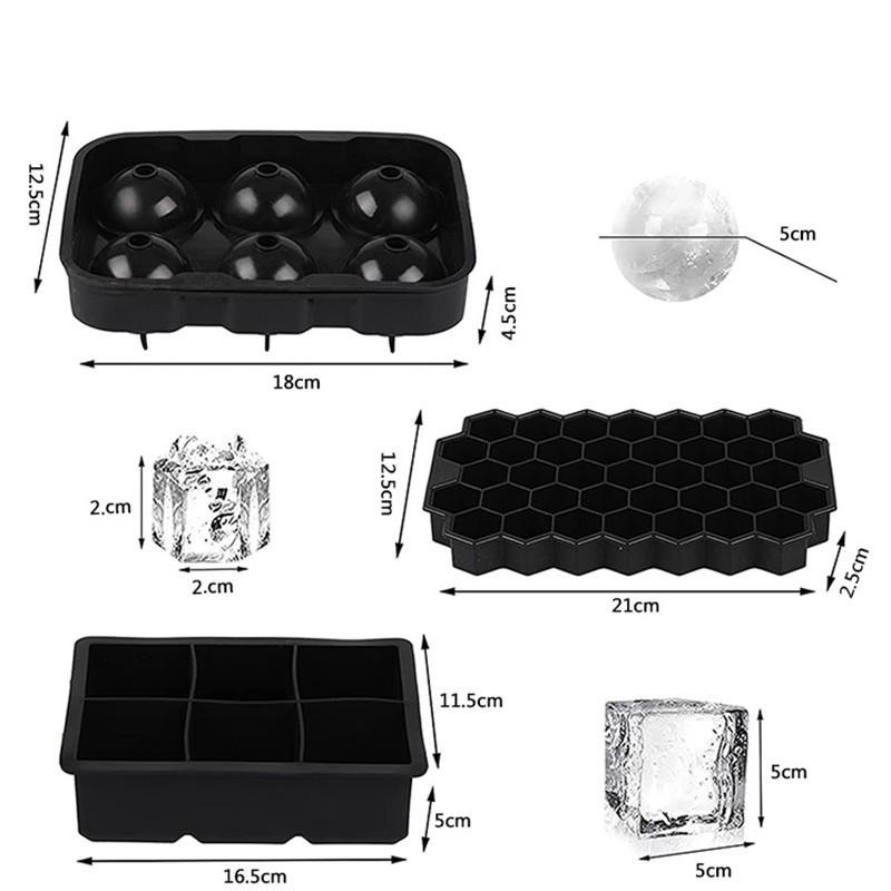 Silicone Ice Cube Mold Set: Long Strip, 6 Squares, 6 Balls, 15 Grids, 37 Grids, Skull Shapes with Lid.