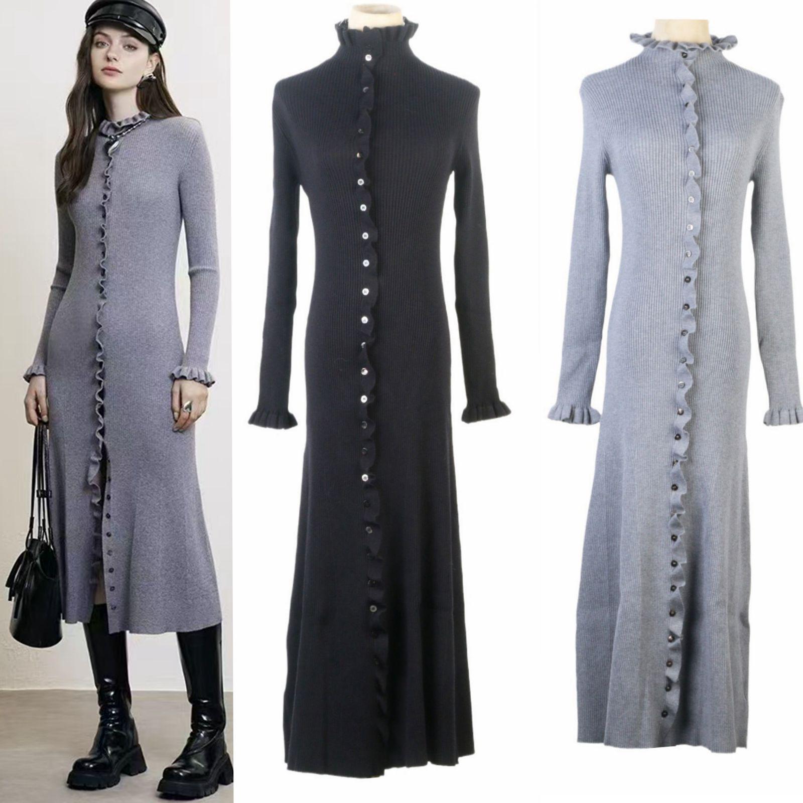 

French Elegant Long-Sleeve Minimalist Knit Dress Large